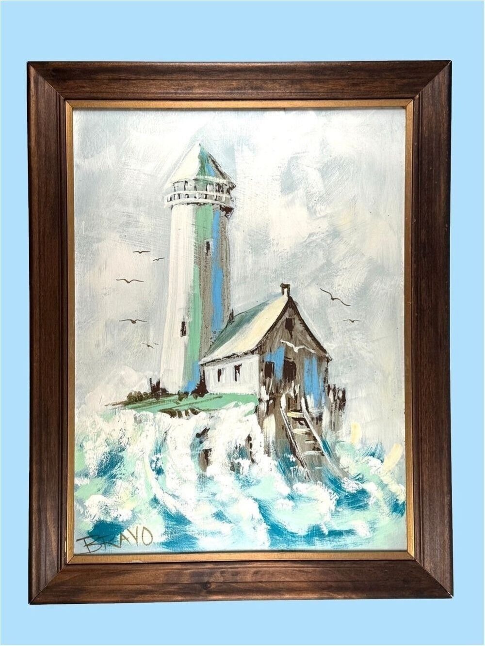Vintage Lighthouse Painting Nova Scotia Coastal Seascape Signed 22x28 Framed Art